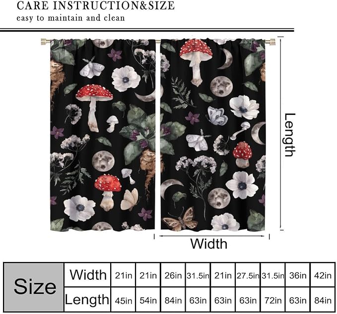 Vintage Mushroom Curtains, Gothic Dark Flowers Botanical Plants Herbs Mushroom Butterfly Moth Print Blackout Window Curtains for Kitchen Bedroom Livingroom, 63" W X 63" L