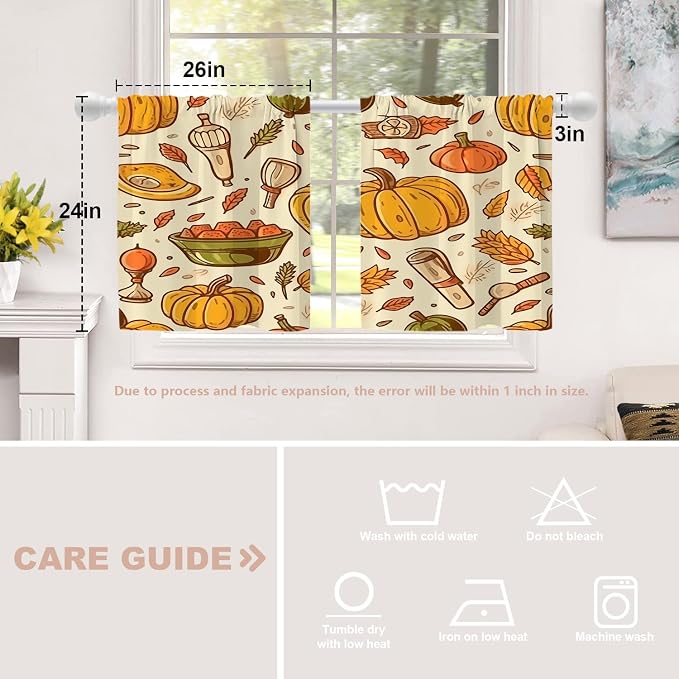 Shrahala Thanksgiving Seamless Pattern Blackout Curtain Tiers, Pumpkin Apple Pear Leaves Kitchen Valance Light Blocking Tier Drapes with Rod Pocket, 2 Pack 26 X 24 in