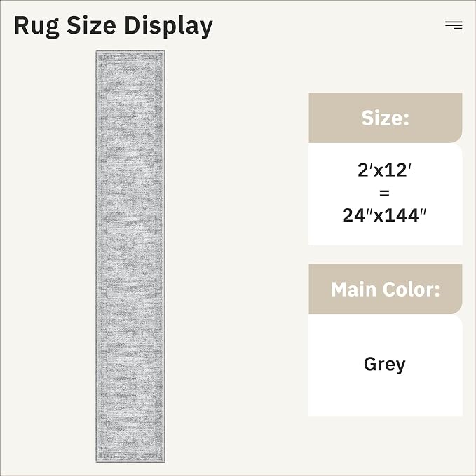 Soalmost Runner Rug 2x12 Washable Non-Slip Hallway Runner Rugs for Kitchen Bathroom Laundry Room Grey Vintage Floor Carpet Runners for Hallways Entryway