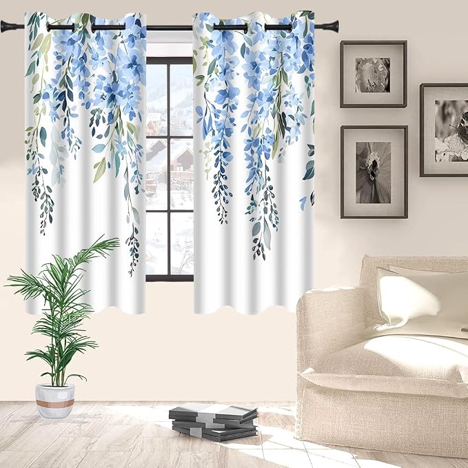 Blue Watercolor Floral Curtains, 42x63 inch, 2 Panels | Botanical Leaves Vine Flowers, Rustic Farmhouse Style, Blackout Window Treatment, For Bedroom Living Room