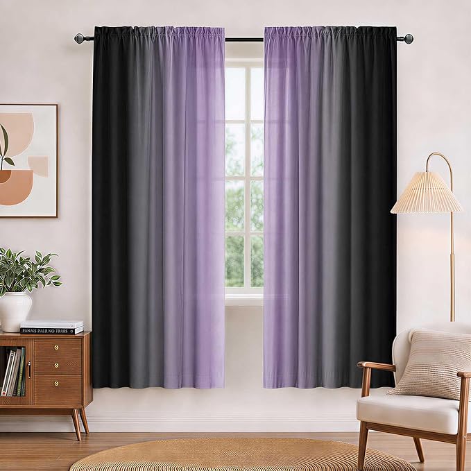Purple and Black Curtains for Living Room 63 Inch Length Ombre Curtains 2 Panel Bedroom Black and Purple Curtains Rod Pocket Light Filtering Window Curtain Modern Gradient Drapes