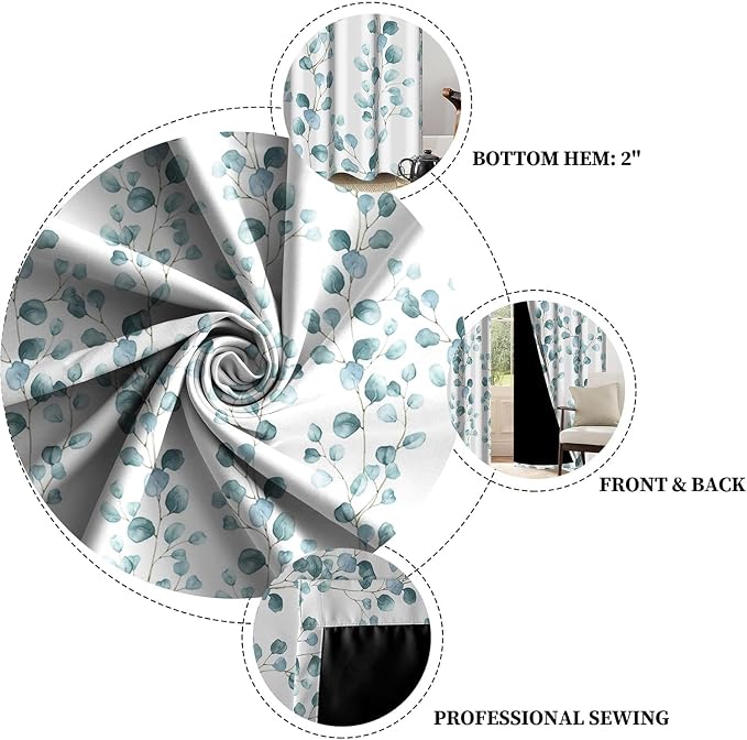 Renaiss Eucalyptus Leaf Curtains Green Eucalyptus Print Blackout Window Drapes for Bedroom Botanical Grommet Top Thermal Insulated Window Curtains for Living Room 53W x 63L 2 Panel Set