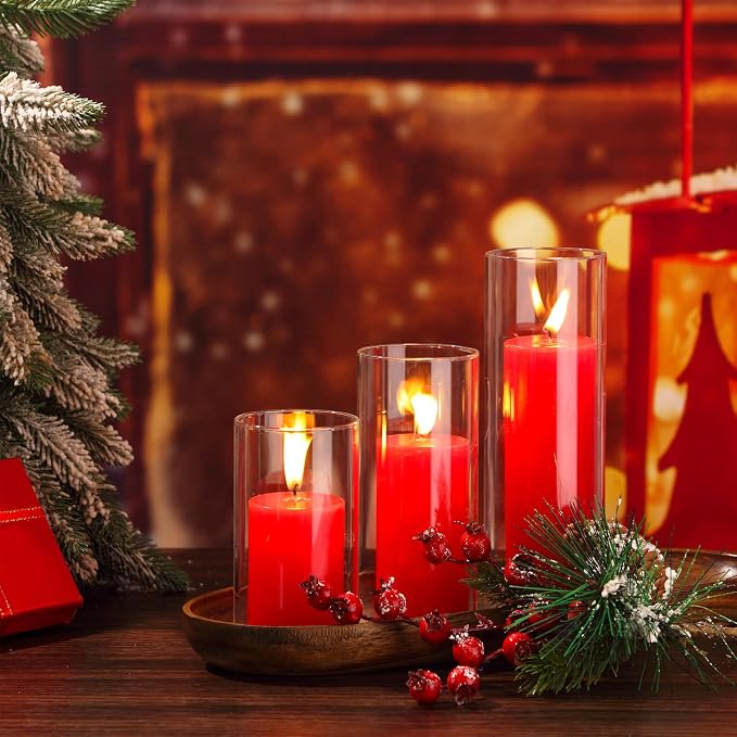 Shihanee Set of 3 Pillar Candles and 3 Glass Cylinder Candle Vases Holders Clear Pillar Jars for Wedding Centerpieces(2.6'' X 4.7'', 5.9'', 7.9'',Red)