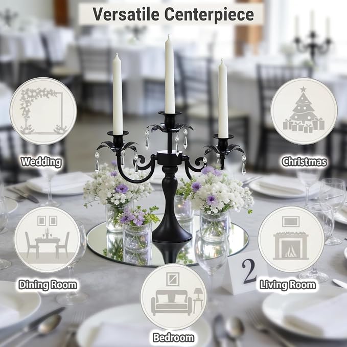 Metal 3 Arm Candelabra with Crystal Pendants - 11.8 Inch Tall Candle Holders, Set of 6 - Elegant Taper Candlestick Stand for Wedding, Dining Table, Christmas Party Home Decoration (Black)