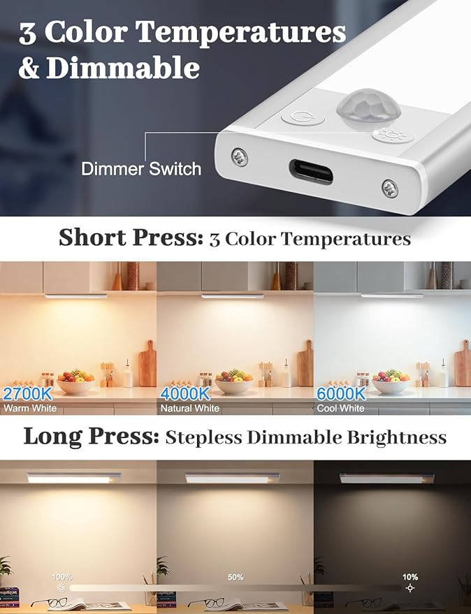 14in Under Cabinet Lighting with Charging Station, 3200mAh Rechargeable Motion Sensor Light Indoor, Magnetic Under Cabinet Lights for Kitchen, 3 Color Tempers Dimmable Closet Lights Wireless, 6-Pack