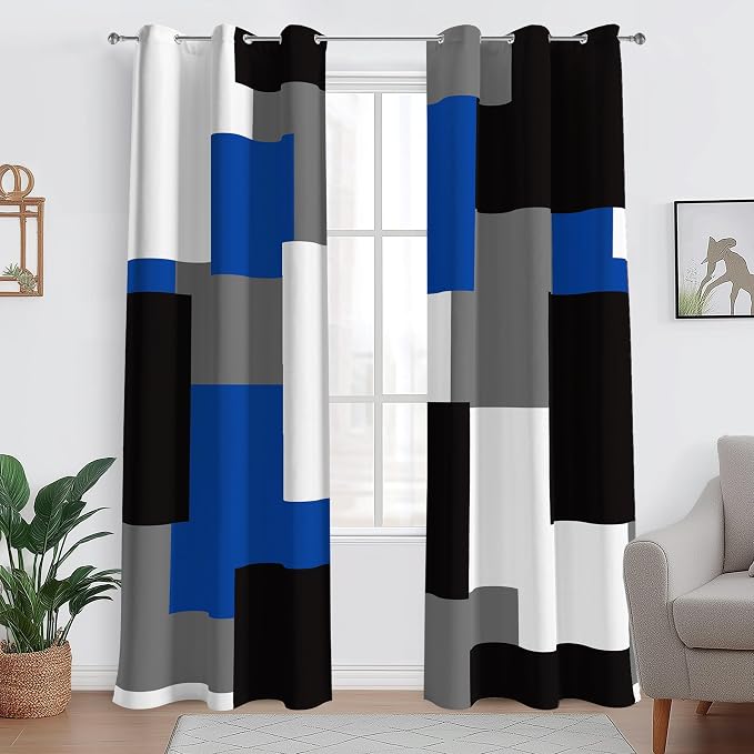 Tyrot Blue Gray 100% Blackout Curtains for Bedroom 96 inch Length 2 Panels Set White Grey Modern Abstract Geometric Black Out Curtains Insulated Room Darkening Window Drapes for Living Room, 42Wx96L