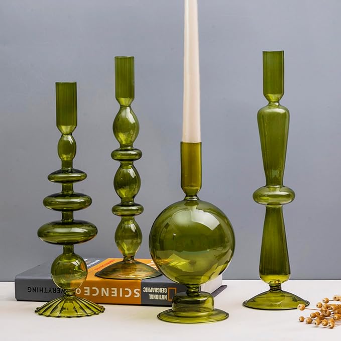 Candle Stick Candle Holder, Glass Candle Holders for Table Centerpiece, Modern Style Green Candle Holder Mixed 4pcs