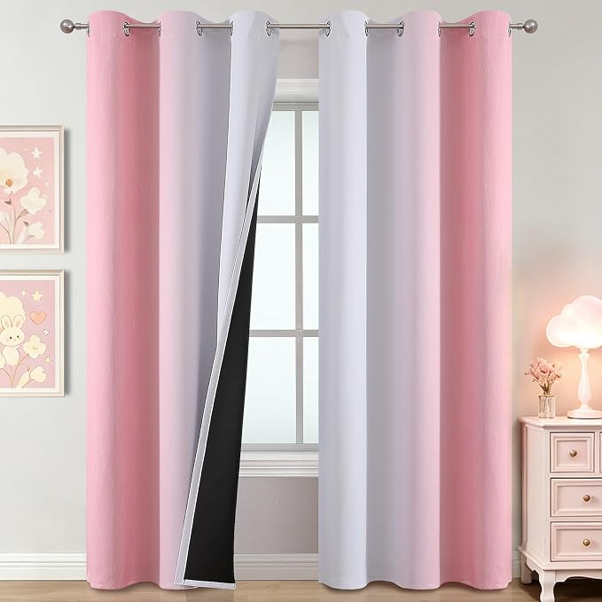 Estelar Textiler Pink and Greyish White Ombre Blackout Curtains 84 Inch Long for Kids Bedroom, Room Darkening Thermal Insulated Grommet Gradient Window Drapes for Living Room/Nursery, 42Wx84L,2 Panels