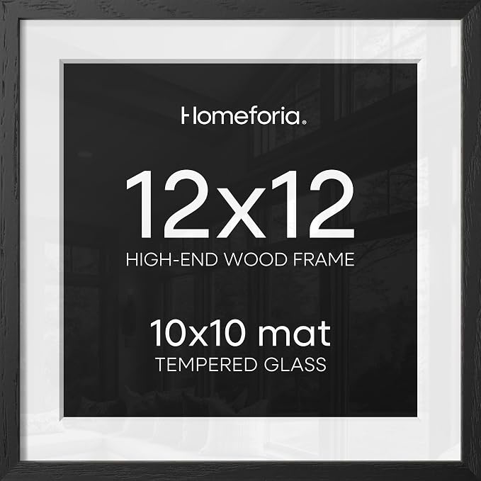 Homeforia 12x12 Black Wood Frame Matted to 10x10 Print, High End Oak 12 x 12 Square Picture Frame with Mat 10 x 10 for Photo, 12by12 Black Wooden Thin Poster Frames, Tempered Glass, Wall Kit, Set of 3