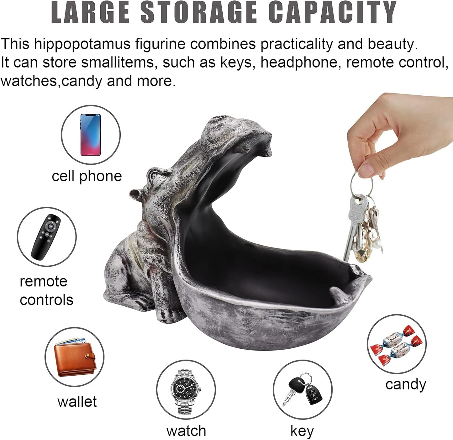 aboxoo Hippo Statue Home Resin Hippopotamus Figurine Fun Candy Dish,Key Bowl,Big Mouth Sculpture Table Art Decoration Sundries Container Storage Boxes (Grey)