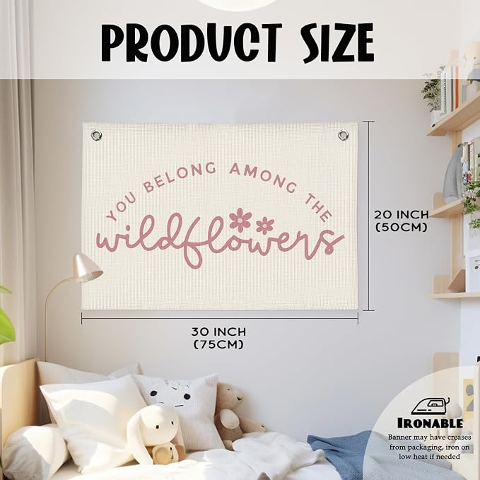 Wildflower Nursery Decor, Pink Floral Wall Art Vintage Nursery Wildflower Banner, Baby Girl Nursery Decor - 20x30 Inch