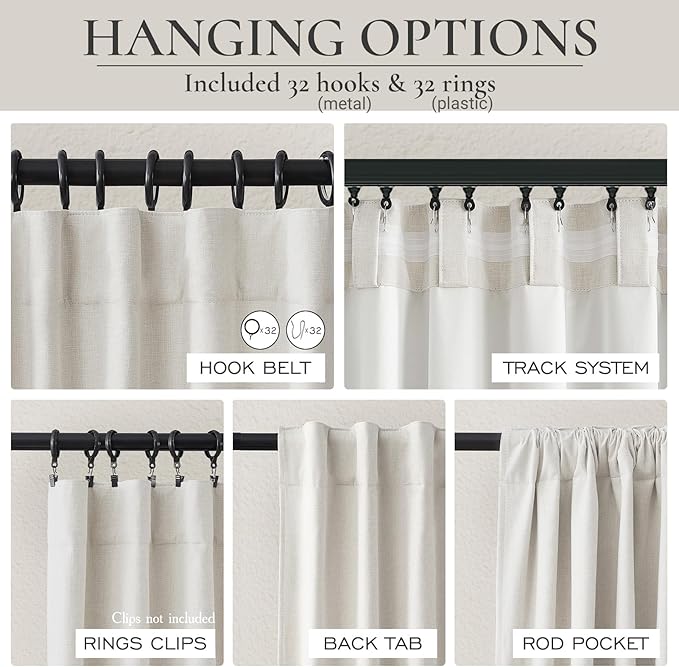 100 Percent Blackout Sliding Glass Door Curtains 120 Inches Long 2 Panels, 10 Foot Theater Floor to Ceiling Track Drape Linen Drop Cloth Traverse Curtains Farmhouse Natural Beige (Hook,Rings Include)