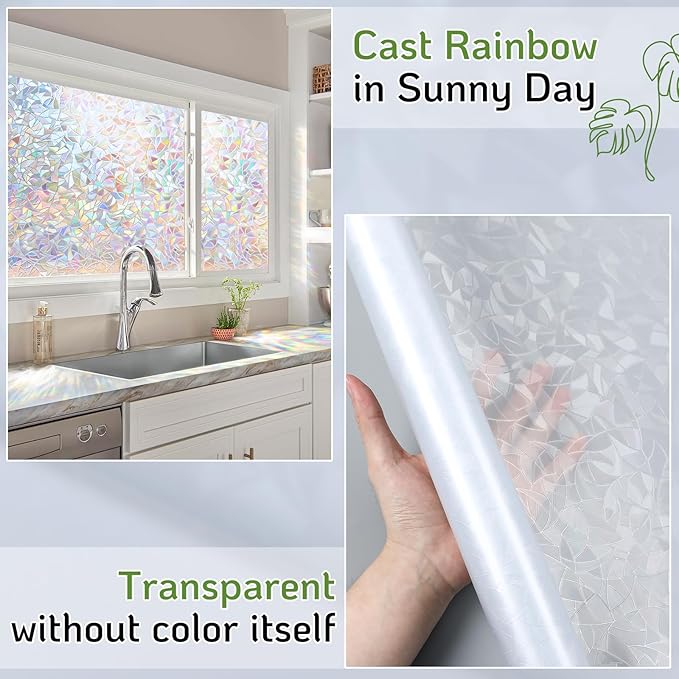 LUTE Window Privacy Film, Rainbow Window Film, 3D Decorative Stained Glass Cling, Non-Adhesive Vinyl Static Cling Removable Glass Stickers, Sun UV Blocking Decal Covering for Home, 17.5 x 118.1 inches
