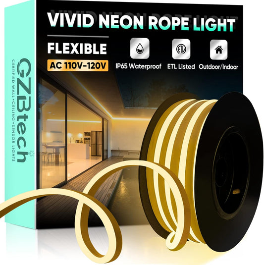 GZBtech Flexible LED Neon Rope Lights 16.4FT,AC 110-120V Waterproof Strip Light, 120LEDs/M Cuttable Connectable Neon Lighting for Indoor Outdoor Home Decor/Commercial Building Use-Warm White 5M