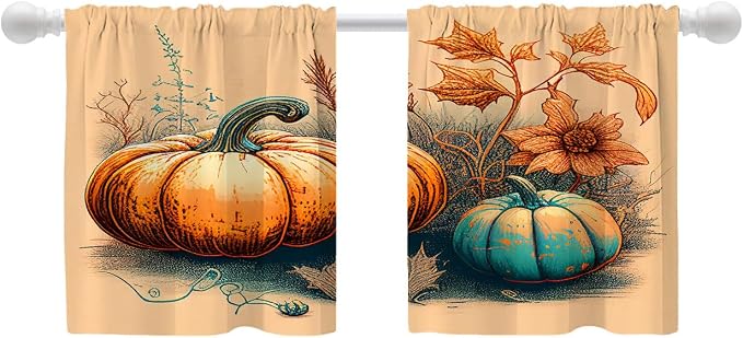 Shrahala Autumn Pumpkin Harvest Blackout Curtain Tiers, Abstract Art Hand Painting Flowers Grass Kitchen Valance Light Blocking Tier Drapes with Rod Pocket, 2 Pack 26 X 24 in