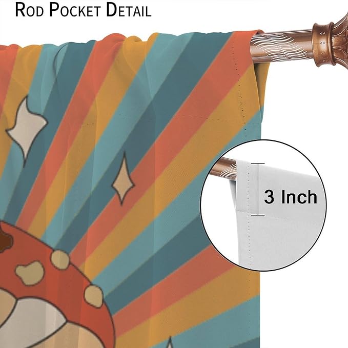 Boho Mushroom Curtains, 1970s Retro Sunset Rainbow Boho Herbs Flowers Blue Yellow Abstract Geometric Print Blackout Window Drapes for Kids Bedroom Living Room 55x63in