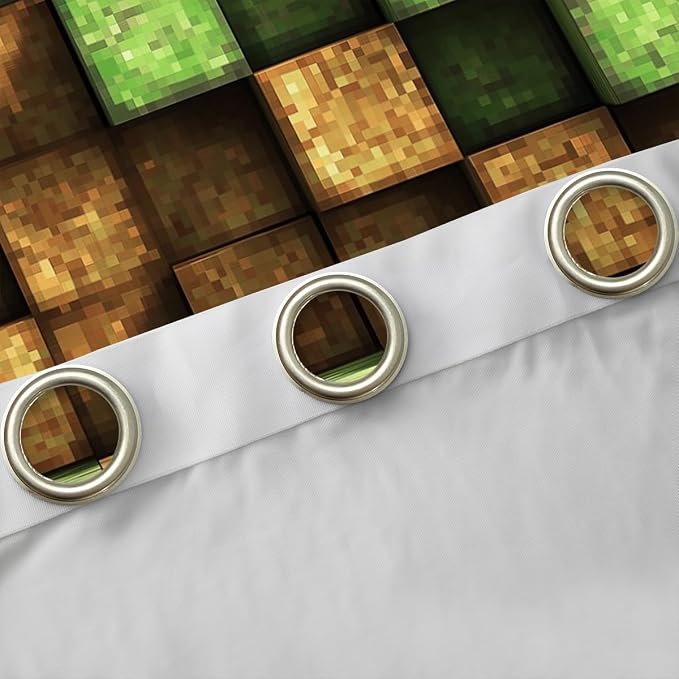 Castle Fairy Pixel Block Window Curtain,Green and Brown Square Plaid Blackout Window Treatment,Teens Woman Men Miners Gaming Bedroom Curtains Video Games Living Room Decor Top 2 Panels,52Wx84L