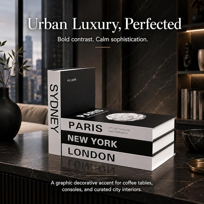 PROBENEX 4 Pcs Decorative Books | Faux Travel Coffee Table & Shelf Decor | Worldly Eclectic Look for Living Room, Office and Entryway - Not Real, Tool-Free 2-Min Setup