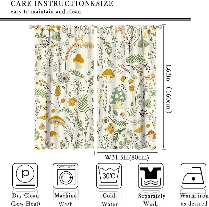 Wild Mushroom Curtains, Vintage Botanical Rustic Retro Wildflower Herbs Plants Green Mushroom Blackout Window Treatments for Living Room Kitchen Bedroom 63x63in