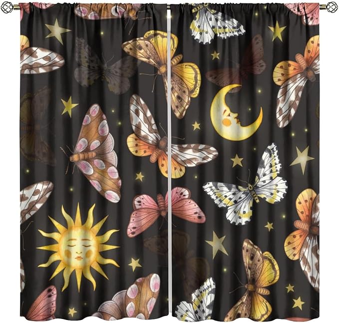 Sun Moon Blackout Window Curtains, Watercolor Butterflies Starry Moths Art Pattern Print Window Drapes, for Living Room Bedroom 63x72in 2 Panels