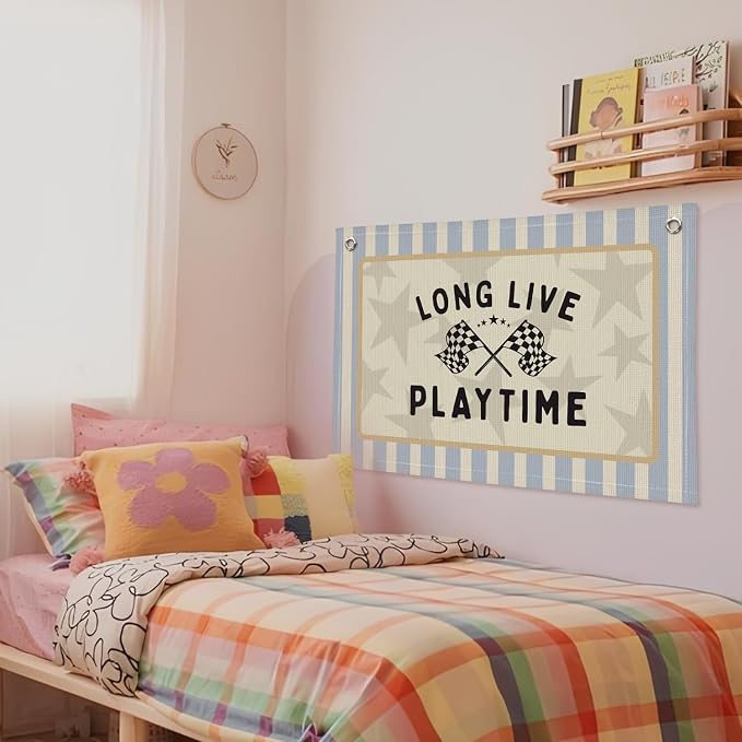 Playroom Decor Wall Banner "Long Live Playtime" 20x30 Inch, Race Car Room Decor for Boys - Nursery Kids Bedroom Wall Hanging, Toddler Children's Kids Room Decor
