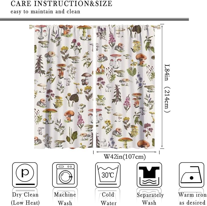 Vintage Botanical Curtains, Rustic Plants Herbs Mushroom Nature Wildflower Print Blackout Window Treatments for Living Room Bedroom Kitchen 84x84in