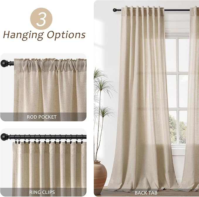 Aersas Taupe Burlywood Linen Curtains 120 Inches Length for Living Room Flax Texture Wave Fabric Semi Sheer with Rod Pocket Back Tab for Bedroom Balcony Light Filtering Neutral Home Decor 52x120