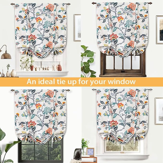 DriftAway Ada Floral Botanical Print Flower Leaf Lined Thermal Insulated Room Darkening Blackout Tie Up Window Curtains 2 Layers Each 31 Inch by 47 Inch Ivory Orange Teal