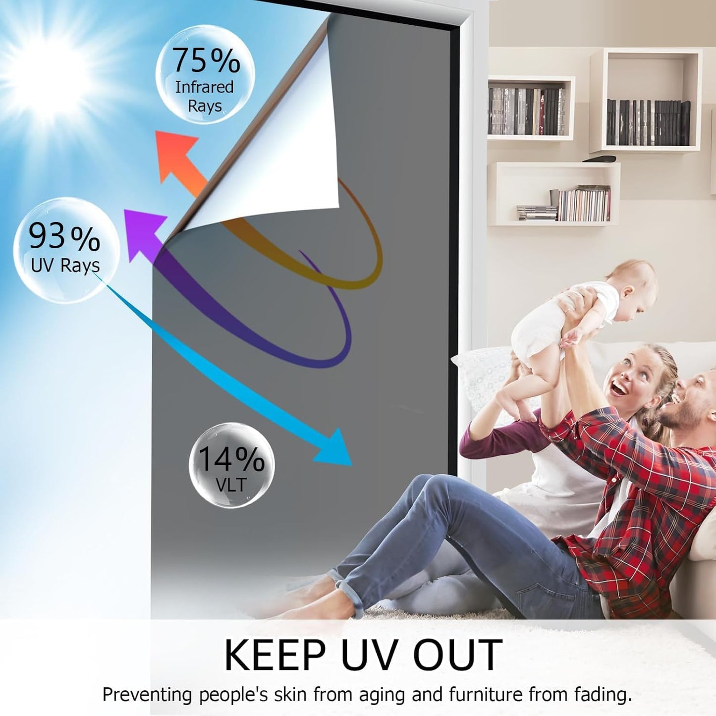 HIDBEA One Way Window Film, Daytime Privacy Sun Blocking Reflective Window Film No Glue Static Cling Heat Control Window Tinting Film for Home and Office, Black Silver, 41.3 x 157.5 Inch