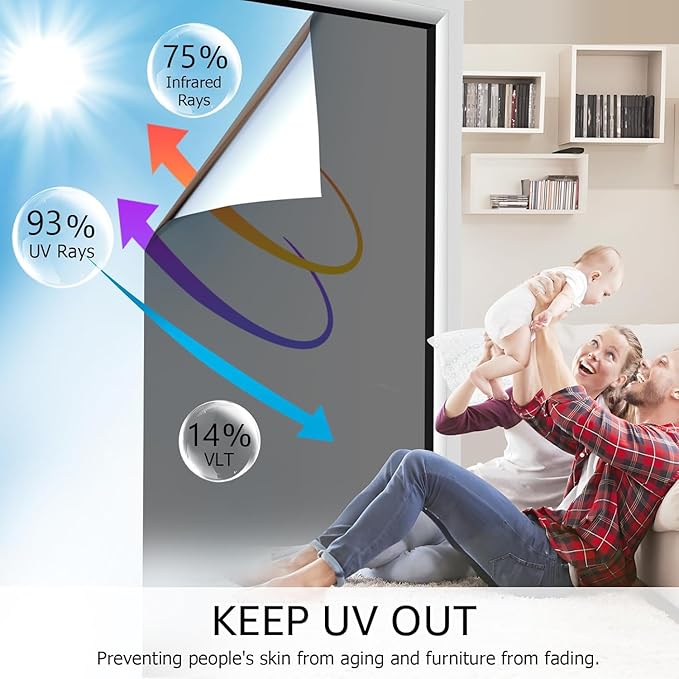 HIDBEA One Way Privacy Window Film, Daytime Privacy Sun Blocking Anti UV Reflective Window Film Heat Control Static Cling Window Tint Film for Home and Office, Black Silver, 41.3 x 78.7 Inch