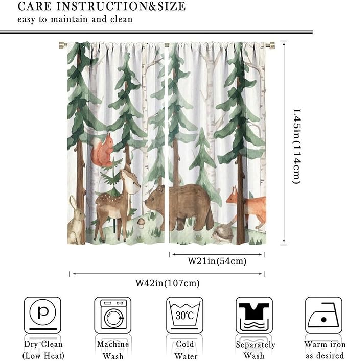 Forest Nursery Curtains - Woodland Bear & Wildlife Theme, Blackout 42x45 Inch 2 Panels