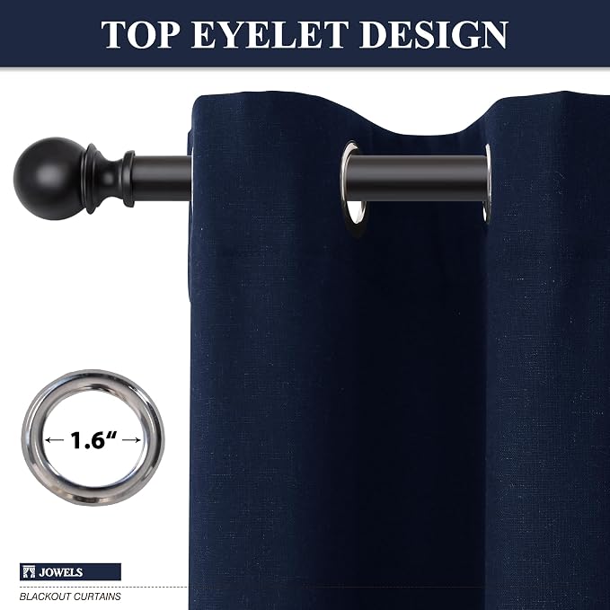 Jowels Navy Blue Linen Blackout Curtains 84 Length 2 Panels Set for Living Room Bedroom, 100% Black Out Thermal Insulated Linen Drapes, Room Darkening Grommet Curtains 84 Inches Long