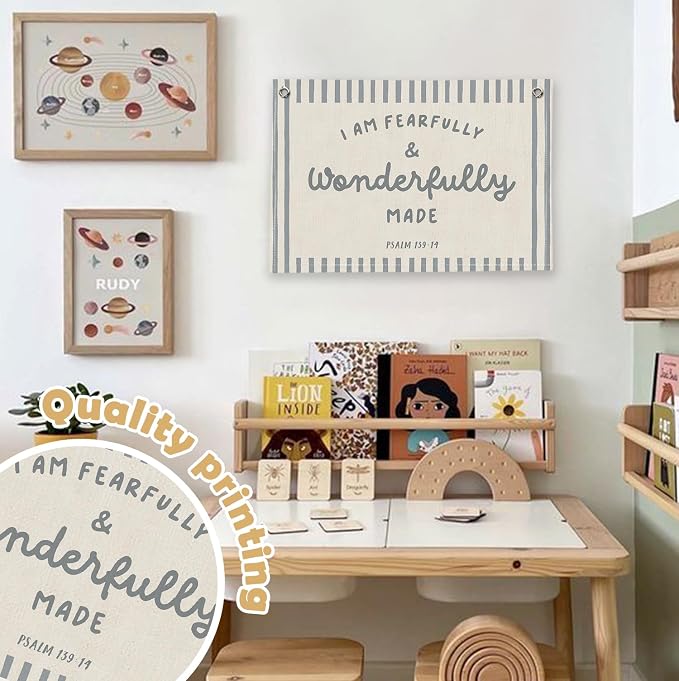 RTXLEZM Christian Nursery Decor, I Am Fearfully and Wonderfully Made | Christian Canvas Banner Wall Hanging, Retro Religious Wall Art for Bedroom Kids Room Classroom Playroom Nursery ,20x30