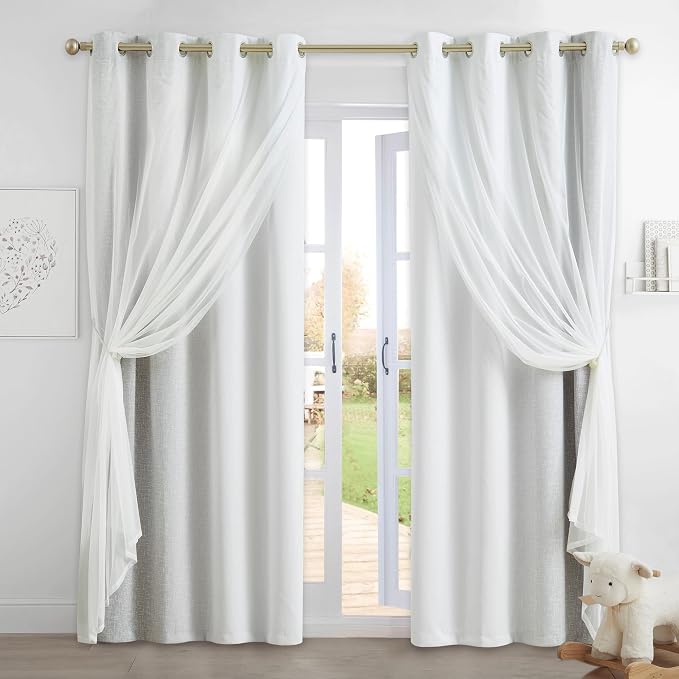 Ombre 100% Blackout Curtains 84 Inches Long 2 Panels for Bedroom Living Room Grey and White Double Layer Sheer Overlay Mix & Match Grommet Thermal Soundproof Drapes with Tiebacks, 52x84