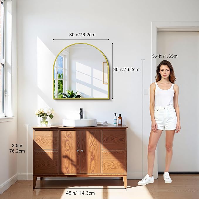 CIRCUMI Arched Wall Mirror, 30"x30" Gold Arched Mirror with Tempered Glass, Metal Frame, Large Size for Entryway Table, Mantel,Living Room,Over Sink,Arch Mirror for Decor,Shatterproof&Crystal-Clear