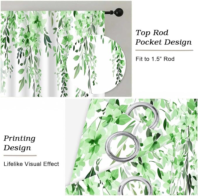 Green Watercolor Floral Curtains, Botanical Leaves Vine Flowers Curtain, Rustic Farmhouse Flower Leaf Blackout Window Treatment Drapes for Bedroom Living Room 42x90 inch, 2 Panels