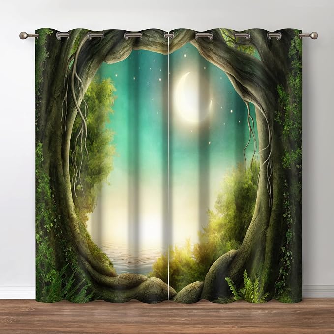 Jekeno Forest Blackout Curtains - 70% Blackout Window Drapes Trees in Enchanted Forest Full Moon Theme Print Curtain Decor Home Bedroom Living Room Grommet Window Drapes 2 Panel Set, 52" x 63"