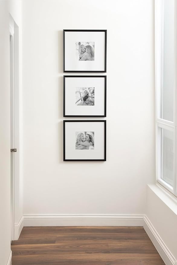 Kate and Laurel Adlynn Square Picture Frame Set of 3; 16 x 16 matted to 8 x 8; Black; Modern Three-Piece Frame Set for Gallery Wall Frame Set in Living Room Wall Decor