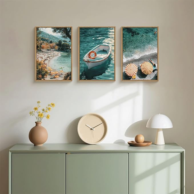 Italy Coastal Seascape Framed Canvas Wall Art Set,Mediterranean Amalfi Italian Blue Green Seaside Beach Decor,Natural Foreign Travel City Summer Artwork for Living Room,Farmhouse- 16"x24"x3