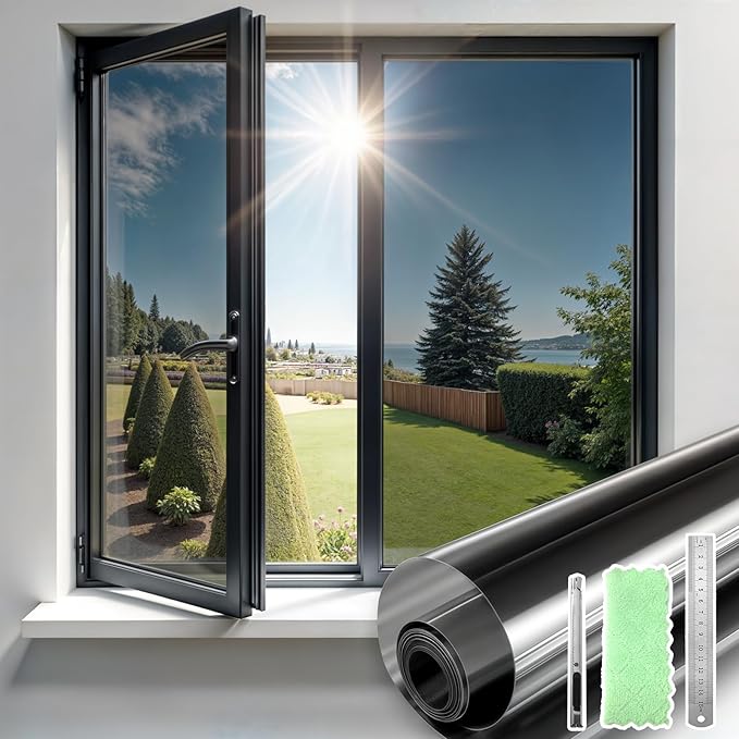 Qualsen One Way Window Film Privacy See Out Not in, Heat Blocker Window Tint for Home, Reflective Mirror Window Film Anti-UV Static Cling Sun Blocking Window Covering（Black-Silver, 23.6 x 78.7in）
