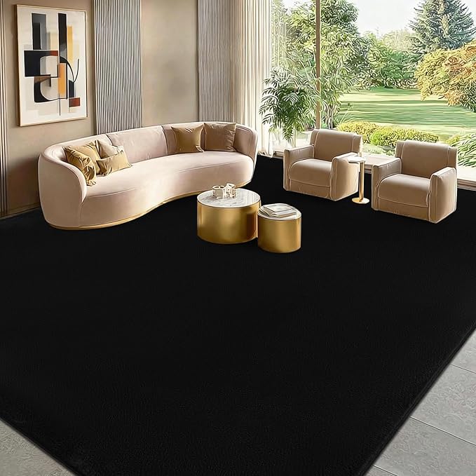 qulint Black Rug for Living Room, 8x10 Washable Rug for Bedroom with Thickened Memory-Foam, Modern Minimalist Large Carpet Solid Comfy Non Slip Carpet for College Dorm Dining Room Classroom Home Decor