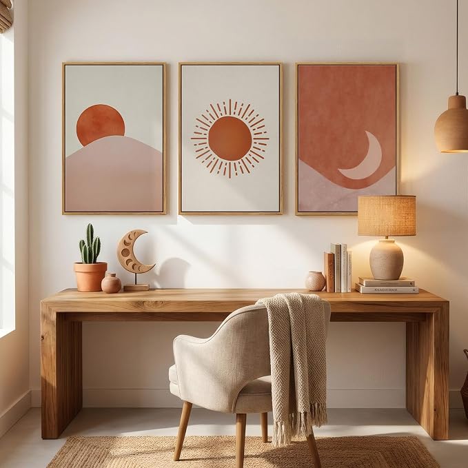 Framed Sun and Moon Boho Wall Art Bedroom, 3 Piece Abstract Minimalist Terracotta Canvas Painings Prints Artwork for Walls, Mid Century Modern Bohemian Pictures for Living Room Office Wall Decor, 16x24 Inch