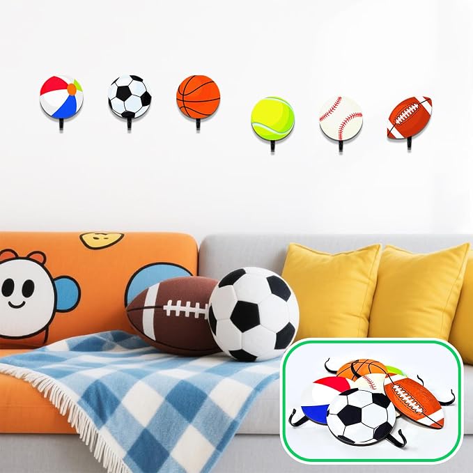 THEYGE Sports Coat Hooks for Boys Kids Bedroom Decor Basketball Baseball Football Soccer Wall Mount Decor Rack Hooks Wooden Towel Hook Key Backpack Mounted Hanger Clothes Hanging Hook Sports