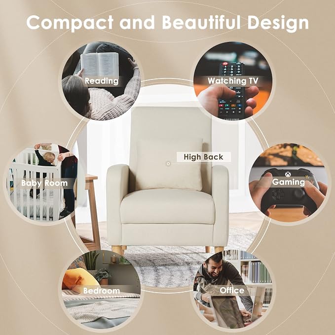 COLAMY Mid-Century Modern Accent Chairs Set of 2, Fabric Upholstered Living Room Chairs with Back Pillow & Solid Wood Legs, Comfy Armchair for Living Room, Bedroom, Beige