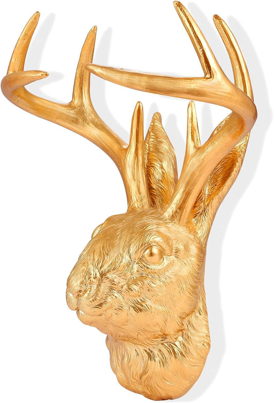 Pumdut Jackalope Wall Mount - Stunning Animal Head Wall Mount with Deer Antlers Decor - Gold Wall Decor for Home or Office, Elegant Deer Head Wall Sculptures