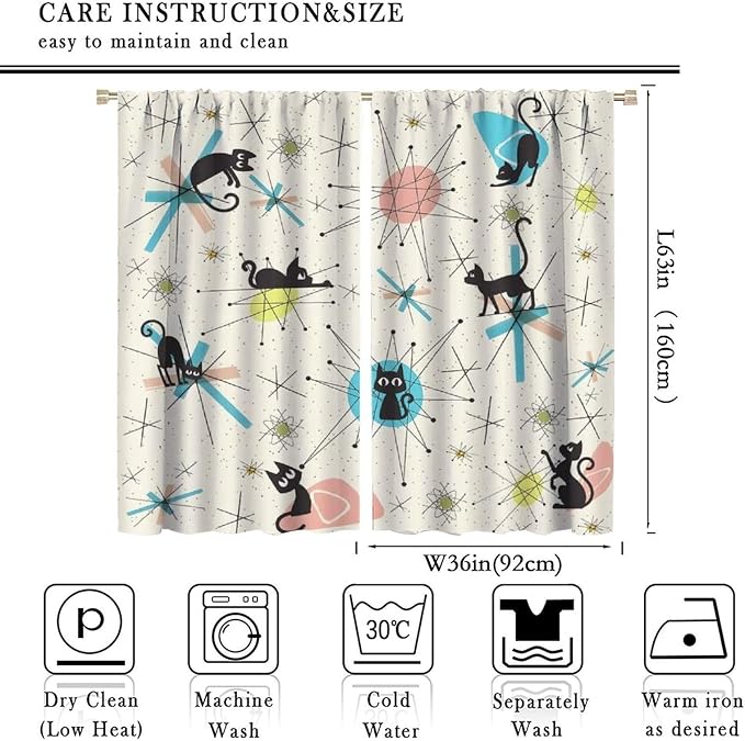JESTRONRY Mid Century Curtains, Black Cat Atomic Stars Abstract Geometric Vintage Kitty Animal Room Darkening Door Window Rod Pocket Curtain for Living Room Bedroom 72x63in