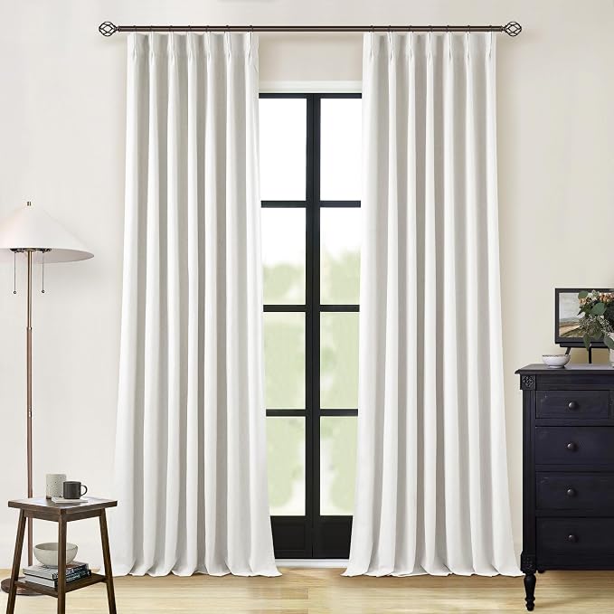 Linen Blackout Curtains 108 Inch Long 2 Panels Pinch Pleated with Hooks Rings Curtains Noise Reducing Heavy Drapes Ceiling Floor Back Tab Boho Flax Linen Drapes for Living Room Office Bedroom 40x108