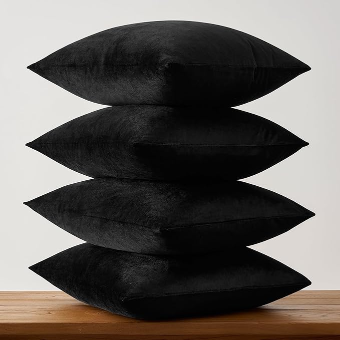 GIGIZAZA Black Velvet Pillow Covers - 18x18 Pack of 4 Decorative Throw Pillows Soft Couch Cushion Luxury Covers for Bed Living Room Accent Elegant Pillow Cases