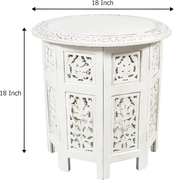 COTTON CRAFT Solid Wood Accent End Table - Hand Carved Vintage Boho Folding Side Table - Small Spaces Entryway Farmhouse Living Room Bedside - No Tools Assembly -18x18 Round - Jaipur Antique White