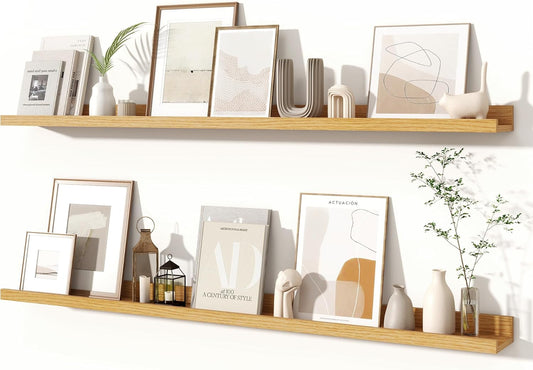 Fun Memories Picture Ledge Shelves Set of 2, 48 Inch Rustic Wall Mounted Floating Shelves with Lip for Home Storage and Décor in Bathroom, Kitchen, Nursery, Bedroom, Living Room, Oak